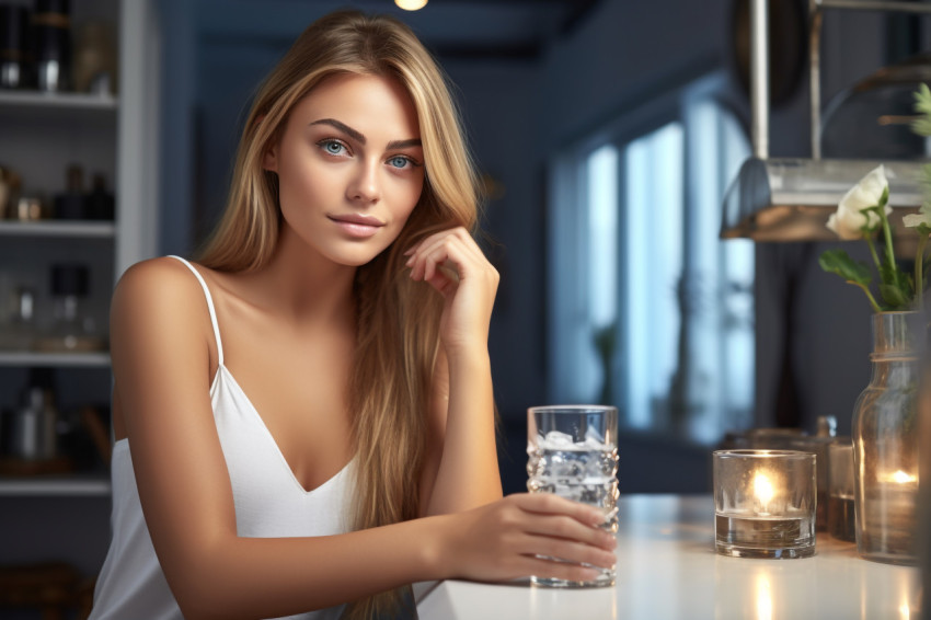 A picture of a pretty young woman holding a glass of water in a A picture of a pretty young woman holding a glass of water in a