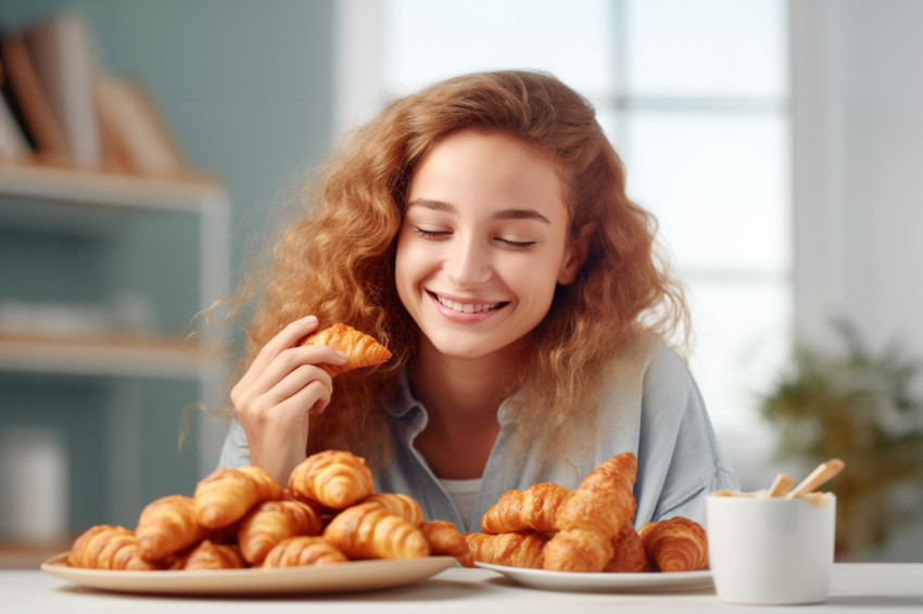 A picture of a pretty girl eating croissants in a well lit room A picture of a pretty girl eating croissants in a well lit room