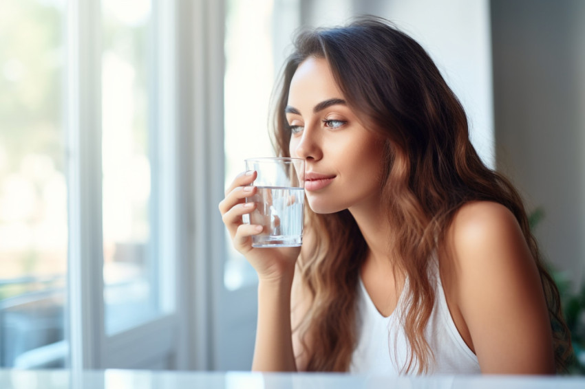 A photo of a young woman drinking water from a glass on a table A photo of a young woman drinking water from a glass on a table