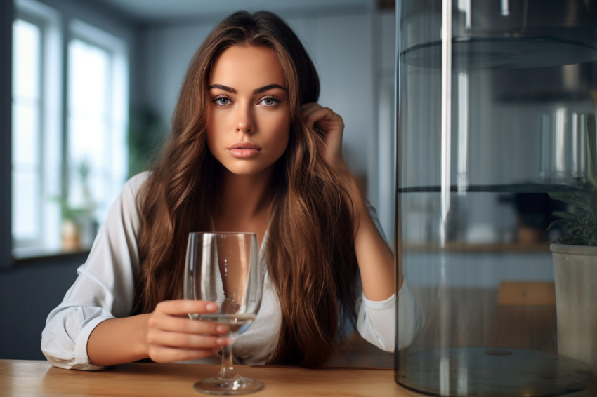 A picture of a pretty young woman holding a glass of water in a A picture of a pretty young woman holding a glass of water in a