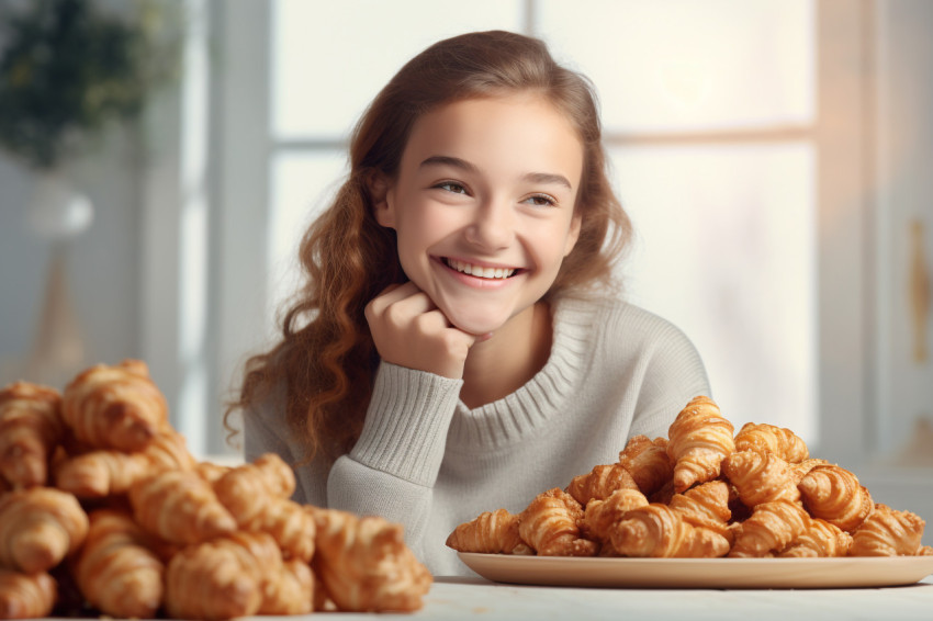 A picture of a pretty girl eating croissants in a well lit room A picture of a pretty girl eating croissants in a well lit room