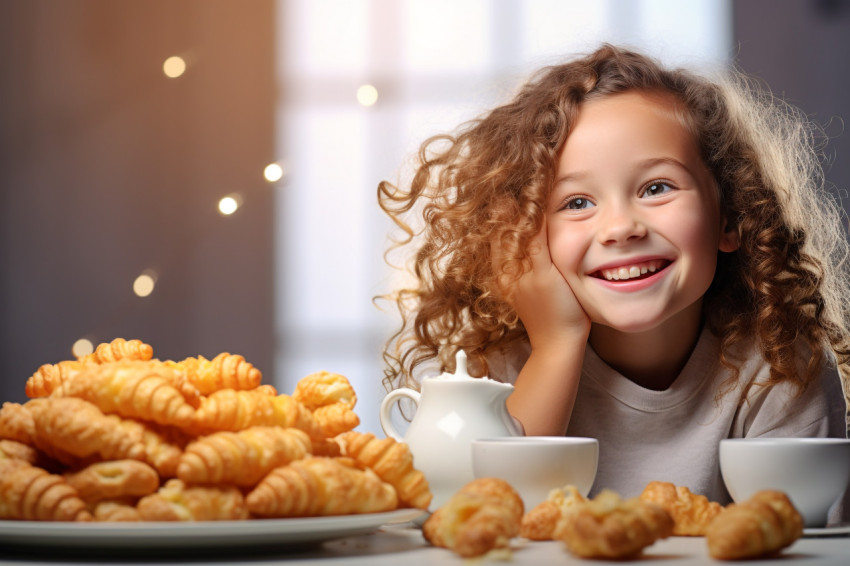 A picture of a pretty girl eating croissants in a well lit room A picture of a pretty girl eating croissants in a well lit room