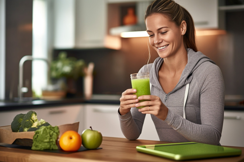 A photo of a woman drinking a green juice she made at home A photo of a woman drinking a green juice she made at home