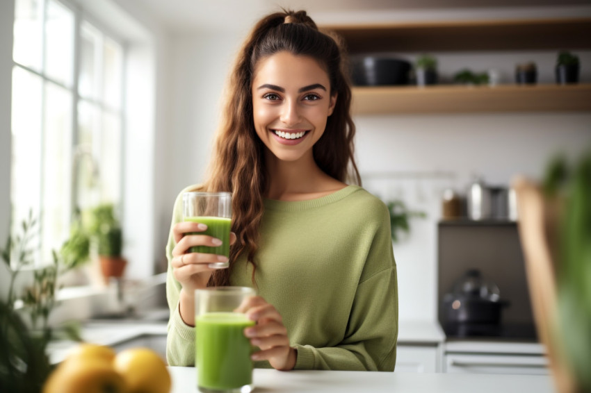 Picture of a joyful young woman in the kitchen with a glass of d Picture of a joyful young woman in the kitchen with a glass of d