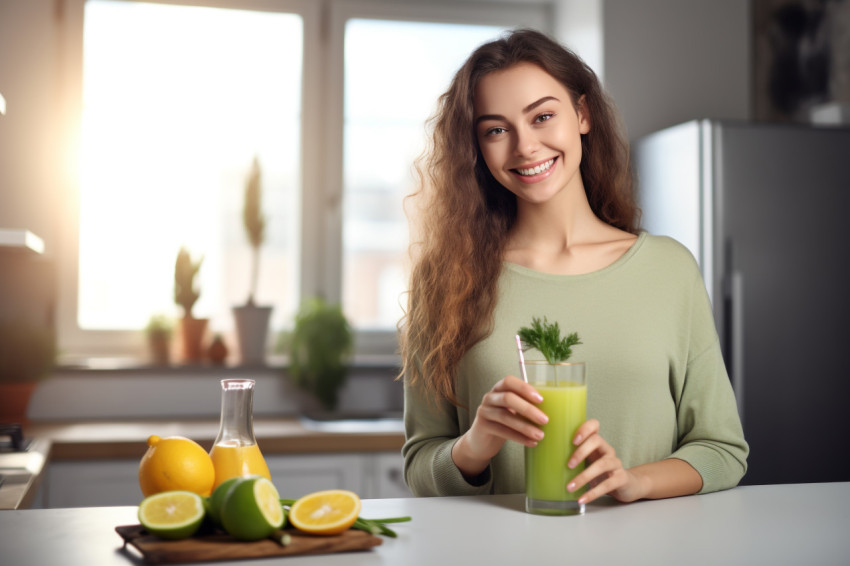 Picture of a joyful young woman in the kitchen with a glass of d Picture of a joyful young woman in the kitchen with a glass of d