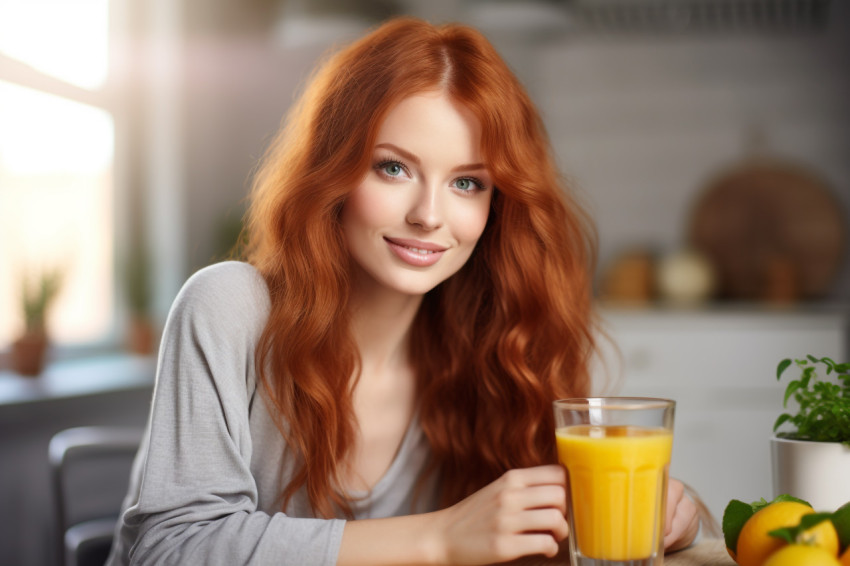 A picture of a pretty red haired woman having lunch and drinking A picture of a pretty red haired woman having lunch and drinking