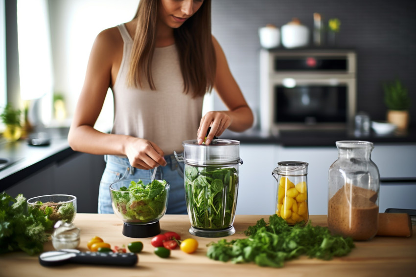 Picture of a young woman making a healthy green drink in the kit Picture of a young woman making a healthy green drink in the kit