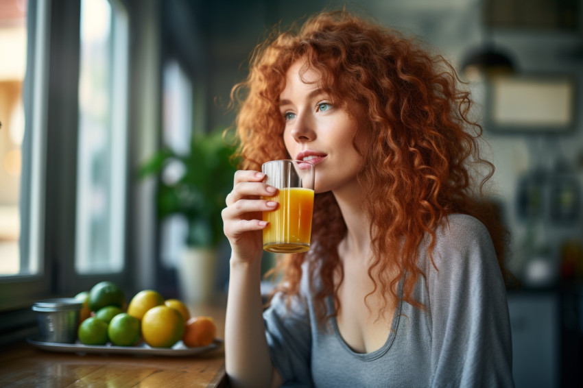 A picture of a pretty red haired woman having lunch and drinking A picture of a pretty red haired woman having lunch and drinking