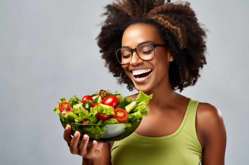 A photo of a black woman eating a salad in front of a light back A photo of a black woman eating a salad in front of a light back