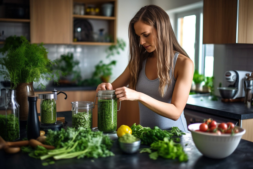 Picture of a young woman making a healthy green drink in the kit Picture of a young woman making a healthy green drink in the kit