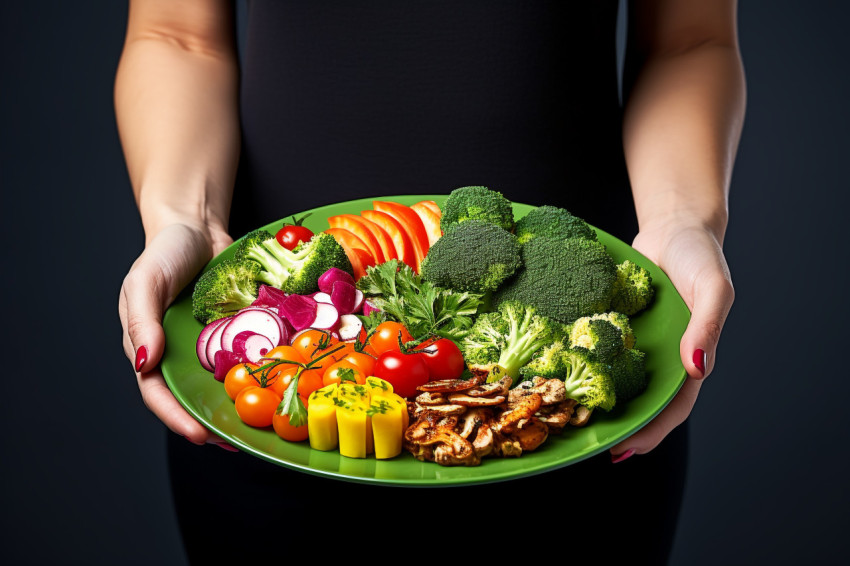 Picture of a woman with a plate of vegan or veggie food Picture of a woman with a plate of vegan or veggie food