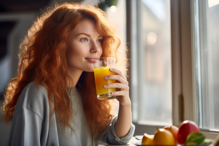 A picture of a pretty red haired woman having lunch and drinking A picture of a pretty red haired woman having lunch and drinking