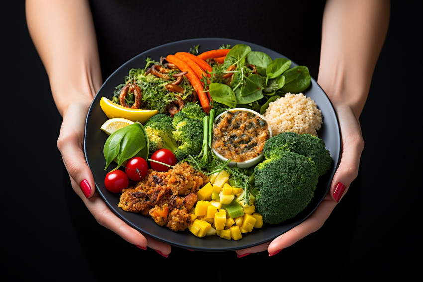 Picture of a woman with a plate of vegan or veggie food Picture of a woman with a plate of vegan or veggie food