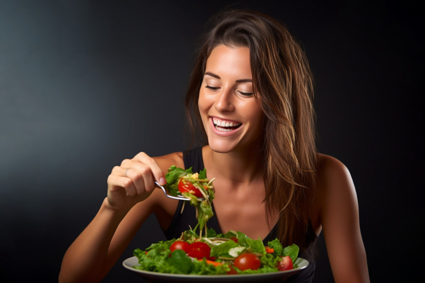 A picture of a beautiful white woman smiling and eating salad