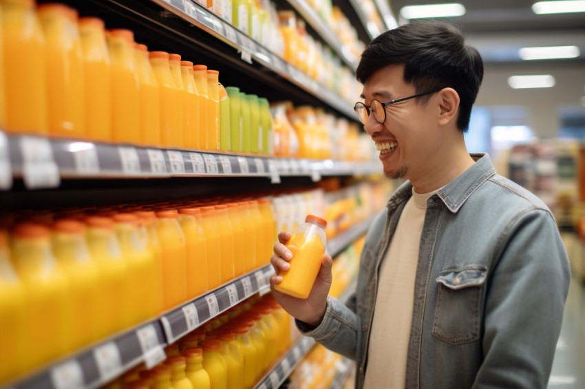 A picture of an Asian man using his phone to check his shopping A picture of an Asian man using his phone to check his shopping