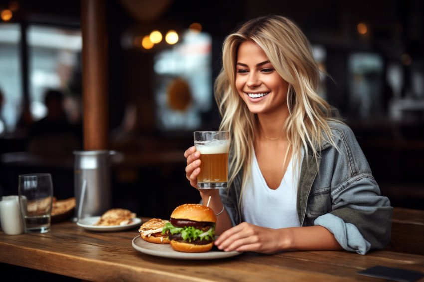 Picture of a young blonde woman in everyday clothes sitting at a Picture of a young blonde woman in everyday clothes sitting at a