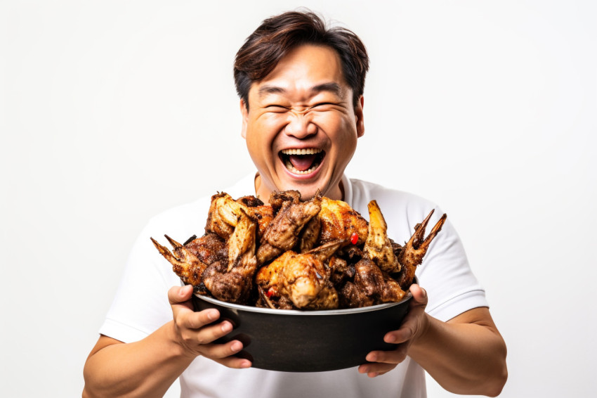 A picture of a happy Asian man holding a bucket of fried chicken A picture of a happy Asian man holding a bucket of fried chicken