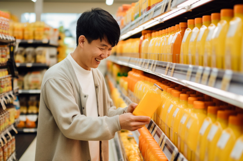 A picture of an Asian man using his phone to check his shopping A picture of an Asian man using his phone to check his shopping