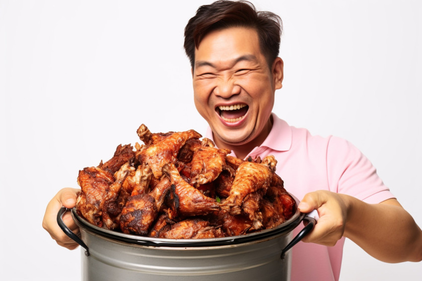 A picture of a happy Asian man holding a bucket of fried chicken A picture of a happy Asian man holding a bucket of fried chicken