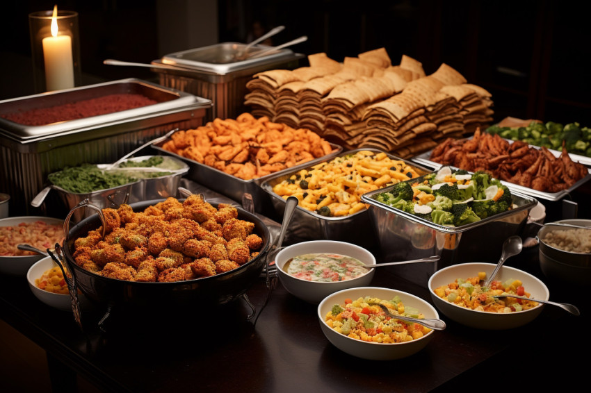 A picture of a table full of food that was ordered to go or deli A picture of a table full of food that was ordered to go or deli