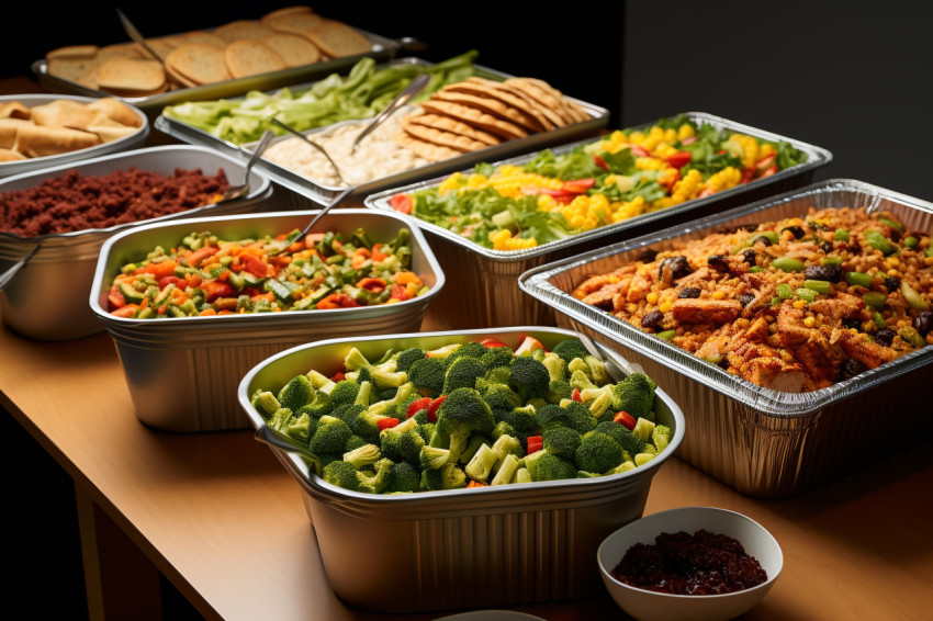 A picture of a table full of food that was ordered to go or deli A picture of a table full of food that was ordered to go or deli