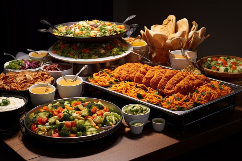 A picture of a table full of food that was ordered to go or deli A picture of a table full of food that was ordered to go or deli