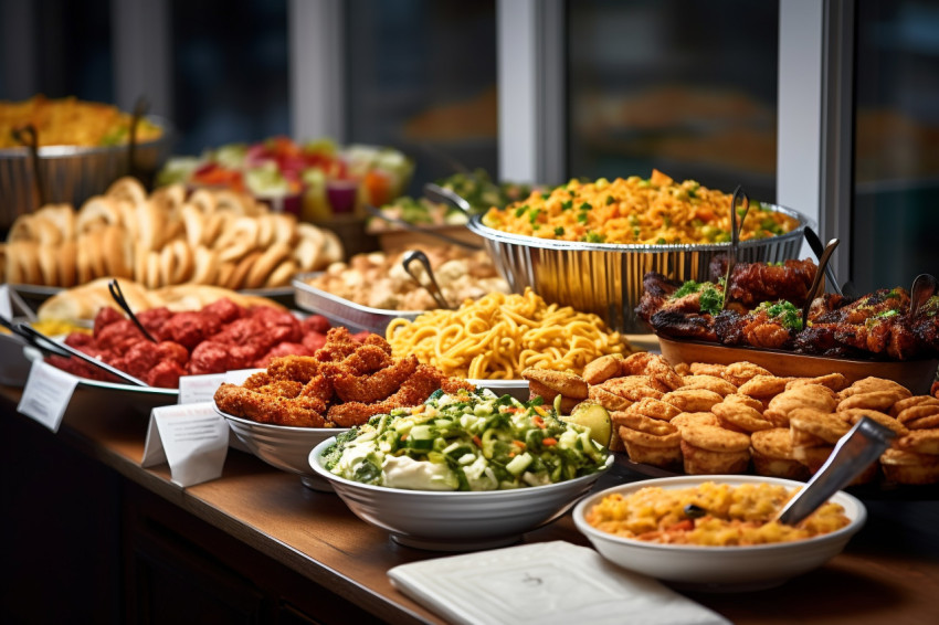 A picture of a table full of food that was ordered to go or deli A picture of a table full of food that was ordered to go or deli