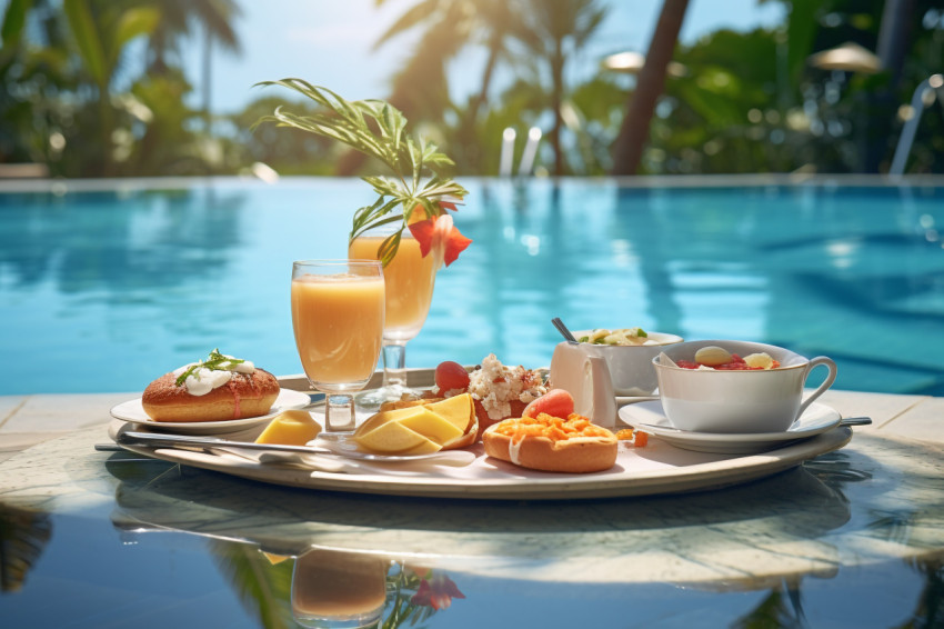 A picture of breakfast floating in a pool at a fancy warm resort A picture of breakfast floating in a pool at a fancy warm resort