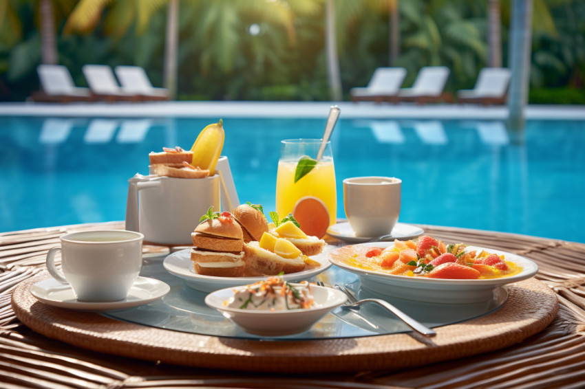 A picture of breakfast floating in a pool at a fancy warm resort A picture of breakfast floating in a pool at a fancy warm resort