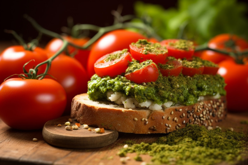 Picture of juicy tomatoes on top of fresh bread Picture of juicy tomatoes on top of fresh bread