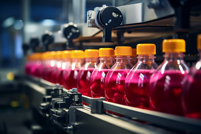 A picture of a conveyor belt in a drink factory where fruit juic A picture of a conveyor belt in a drink factory where fruit juic