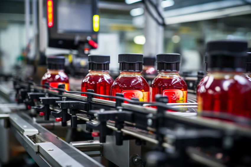 A picture of a conveyor belt in a drink factory where fruit juic A picture of a conveyor belt in a drink factory where fruit juic