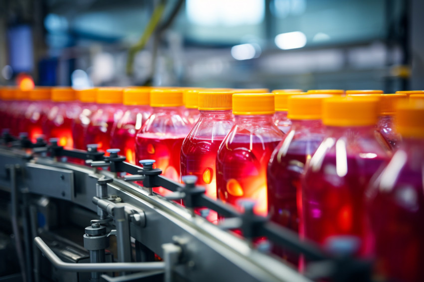 A picture of a conveyor belt in a drink factory where fruit juic A picture of a conveyor belt in a drink factory where fruit juic