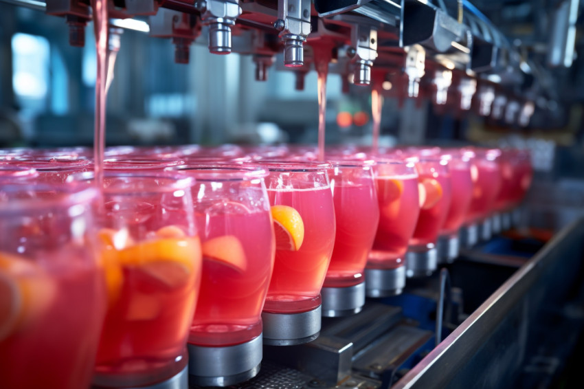 A picture of a conveyor belt in a drink factory where fruit juic A picture of a conveyor belt in a drink factory where fruit juic