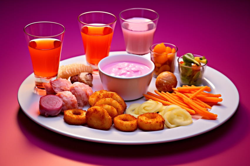 A picture of a plate of appetizers and shot glasses arranged in A picture of a plate of appetizers and shot glasses arranged in