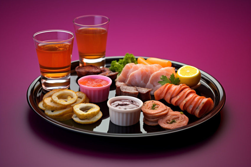 A picture of a plate of appetizers and shot glasses arranged in A picture of a plate of appetizers and shot glasses arranged in