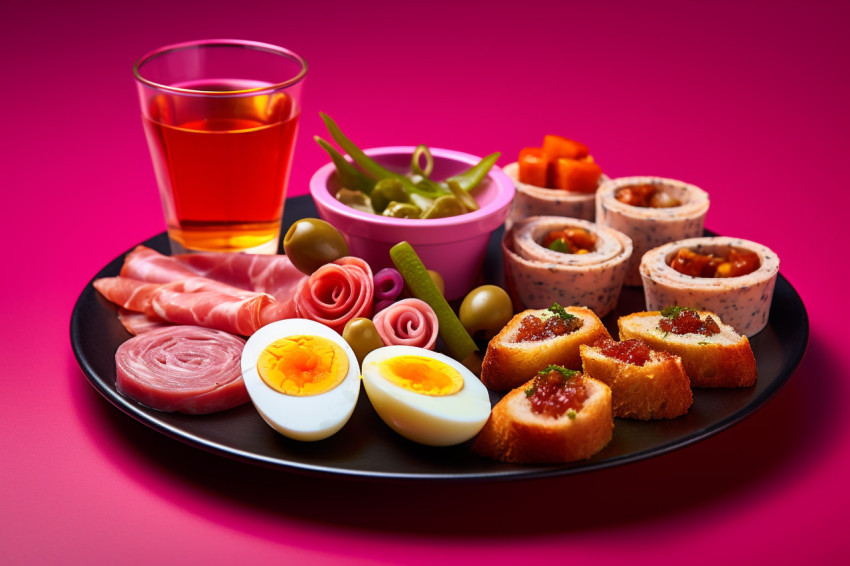 A picture of a plate of appetizers and shot glasses arranged in A picture of a plate of appetizers and shot glasses arranged in