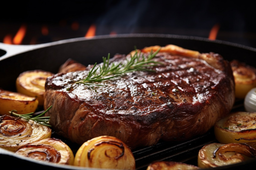 Picture of a cooked ribeye steak and baked potato in a frying pa