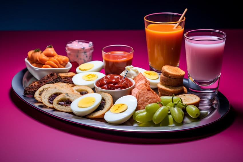 A picture of a plate of appetizers and shot glasses arranged in A picture of a plate of appetizers and shot glasses arranged in