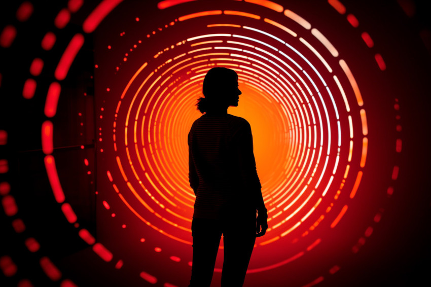 A woman outline can be seen against a round bright hole