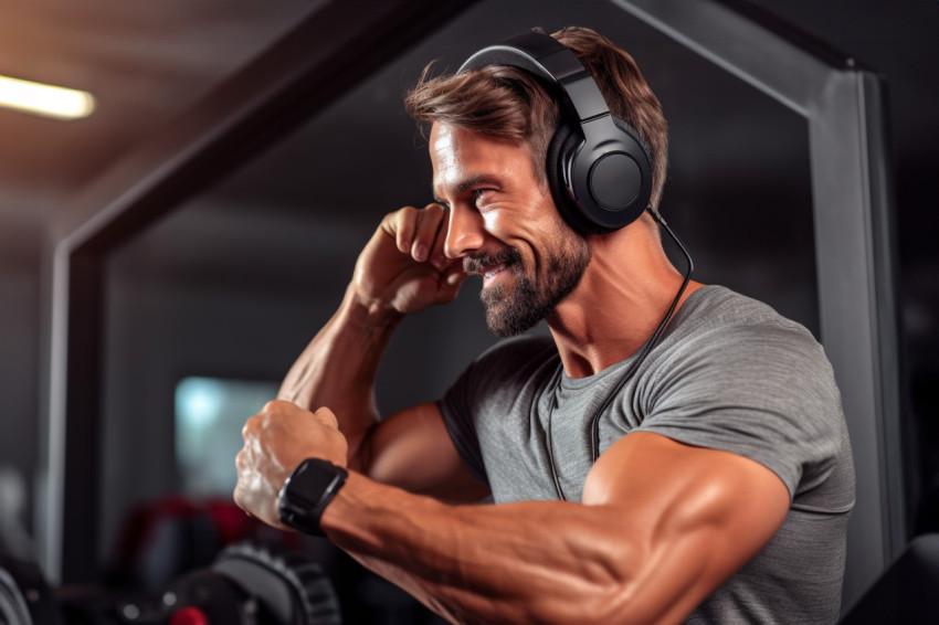 A photo of a man working out at home while wearing sports headphones