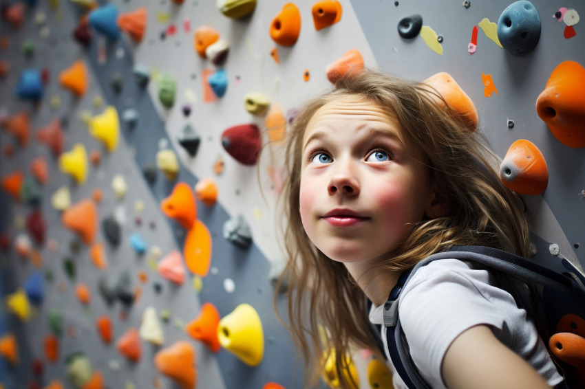 A picture of a young girl climbing indoors on a wall with handholds