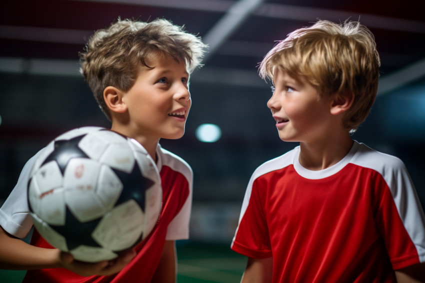 A picture of two athletic young boys playing in the goalposts on an indoor basketball court A picture of two athletic young boys playing in the goalposts on an indoor basketball court