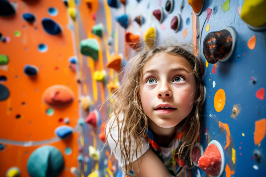A picture of a young girl climbing indoors on a wall with handholds