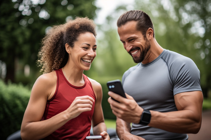 A photo of a happy couple using a smartphone to exercise at home