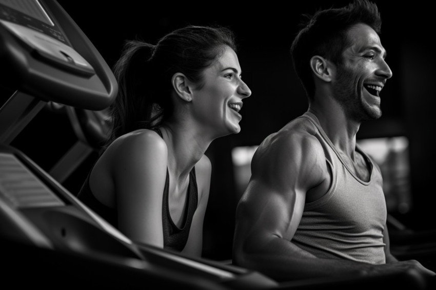 A photo of a happy young couple laughing and resting on a treadmill after exercising at the gym