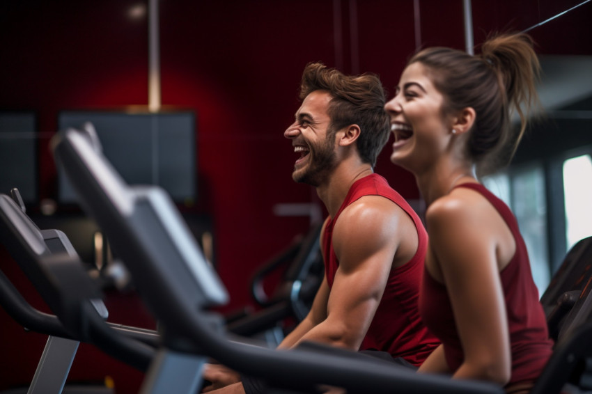 A photo of a happy young couple laughing and resting on a treadmill after exercising at the gym