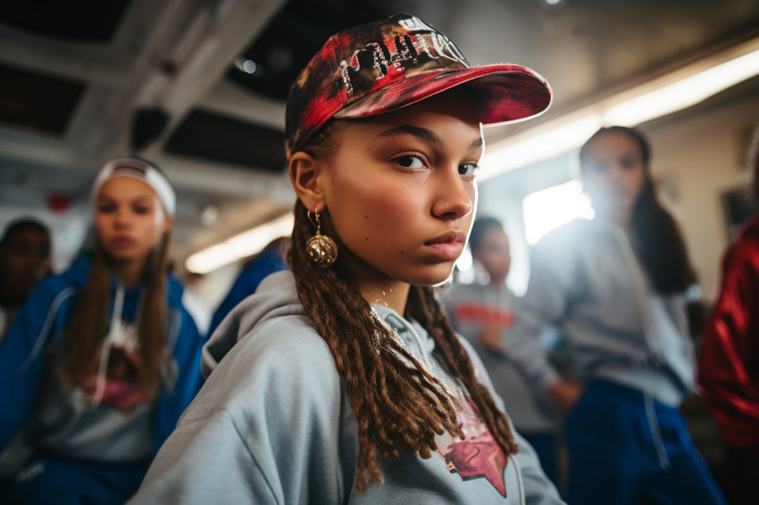 A picture of teenage hip hop dancers who are paying attention and working hard during their group dance class