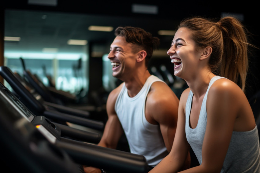 A photo of a happy young couple laughing and resting on a treadmill after exercising at the gym