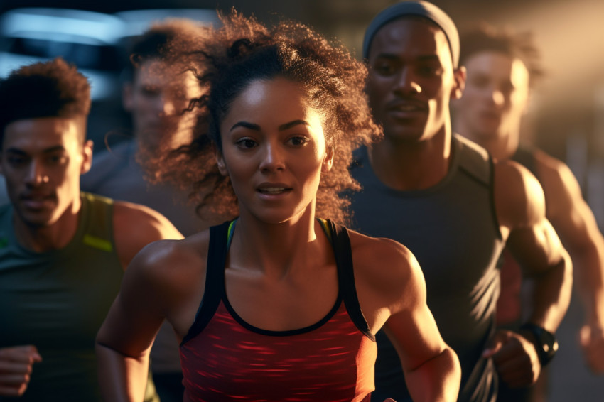 A photo of a group of different runners running fast in a parking garage